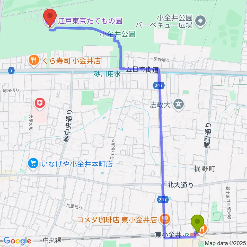 東小金井駅から江戸東京たてもの園へのルートマップ地図