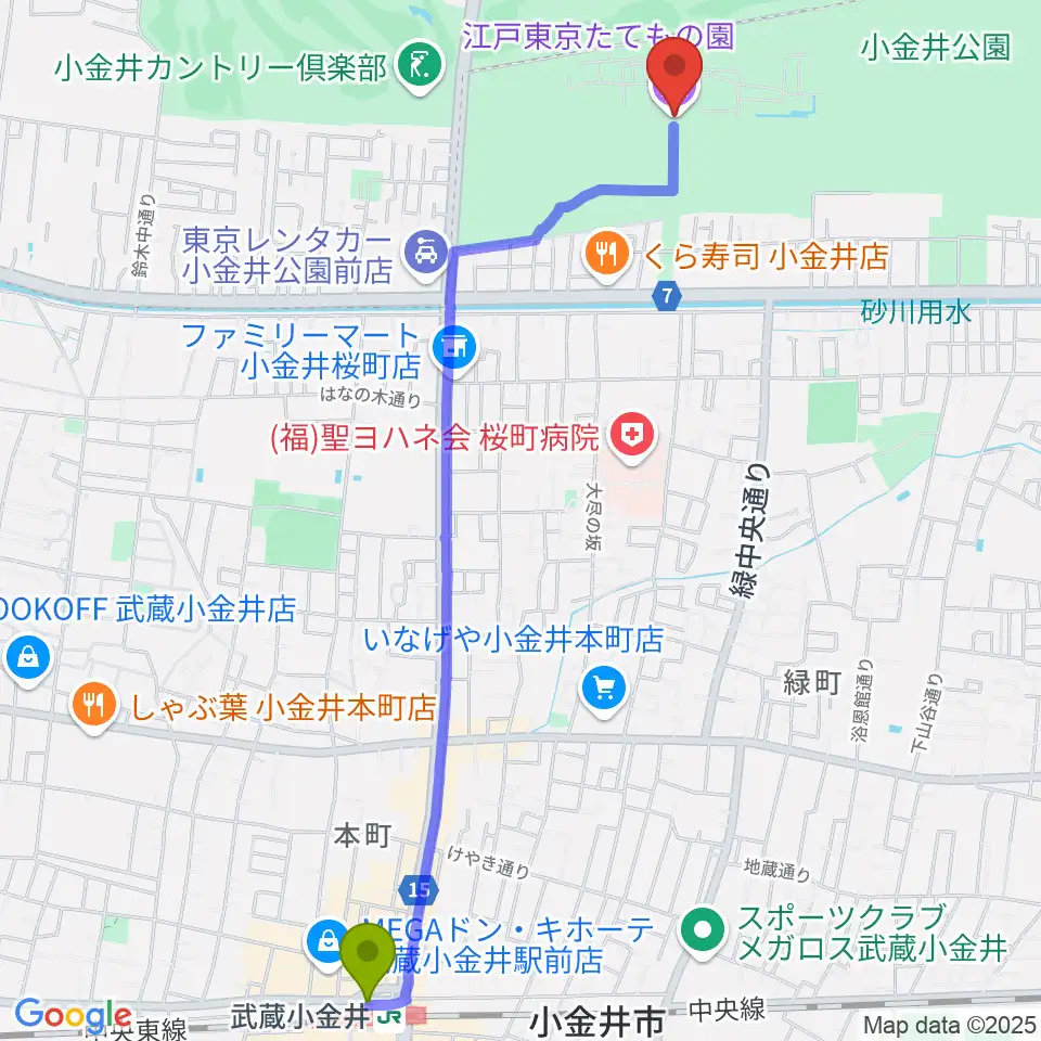 武蔵小金井駅から江戸東京たてもの園へのルートマップ地図