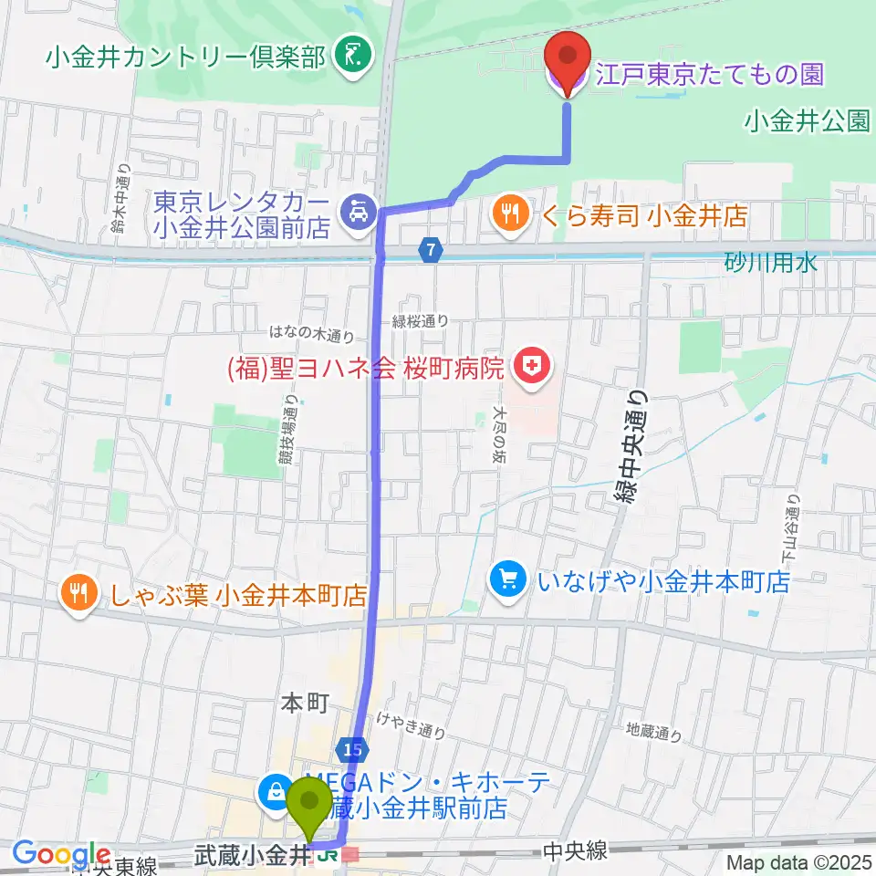 武蔵小金井駅から江戸東京たてもの園へのルートマップ地図