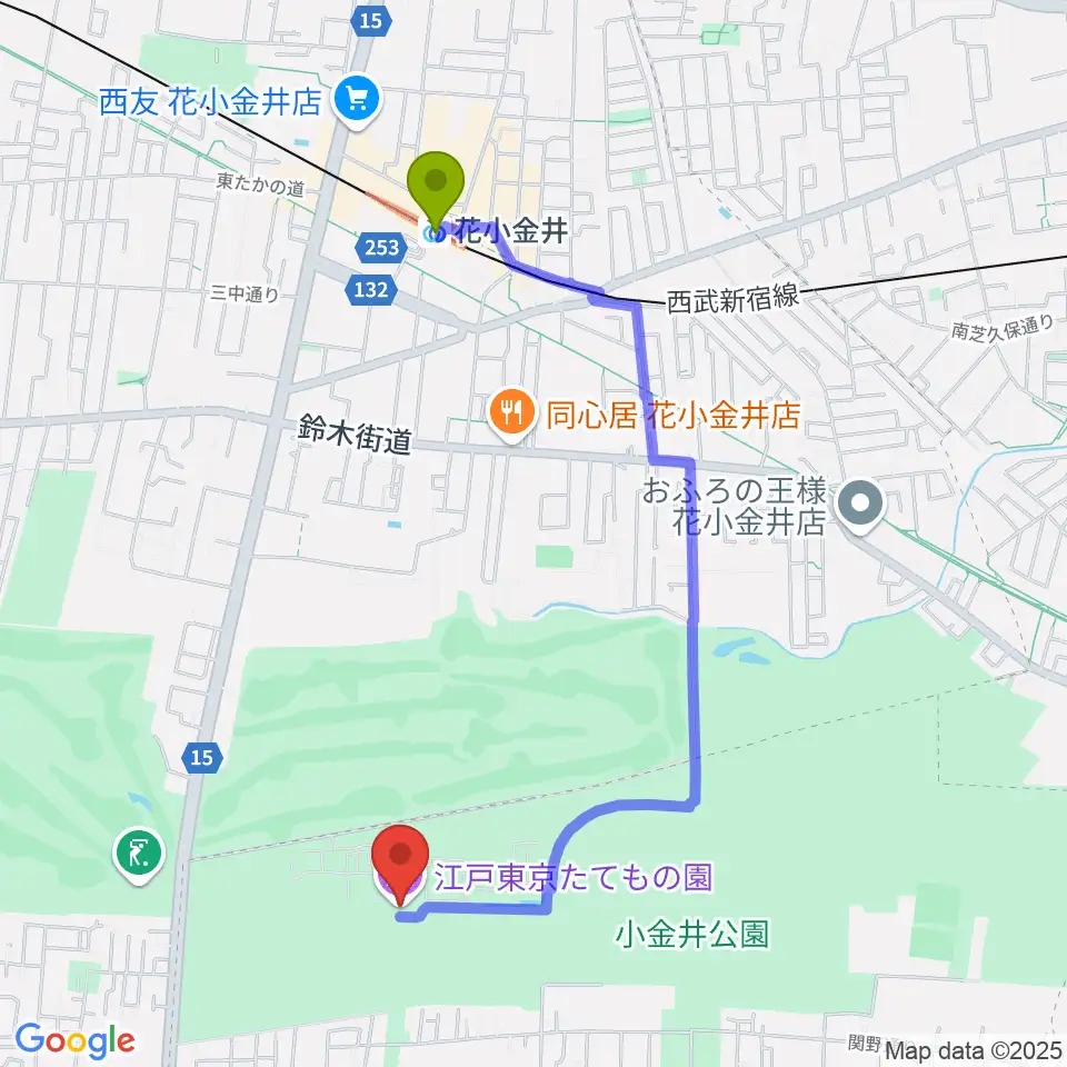 江戸東京たてもの園の最寄駅花小金井駅からの徒歩ルート（約20分）地図