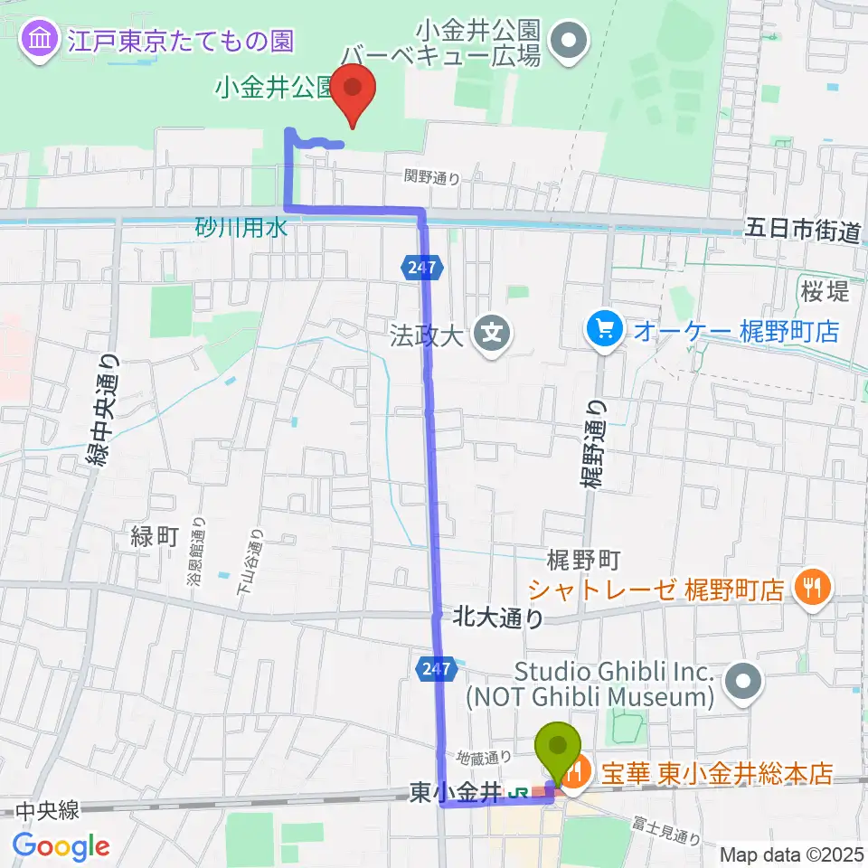 東小金井駅から小金井市総合体育館へのルートマップ地図
