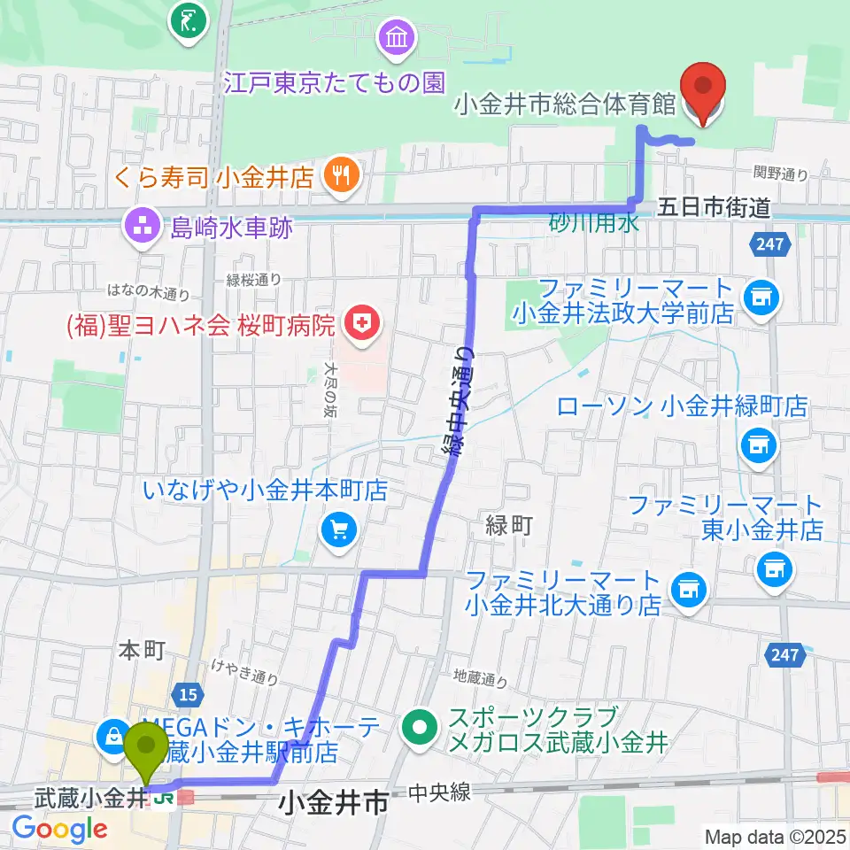 武蔵小金井駅から小金井市総合体育館へのルートマップ地図