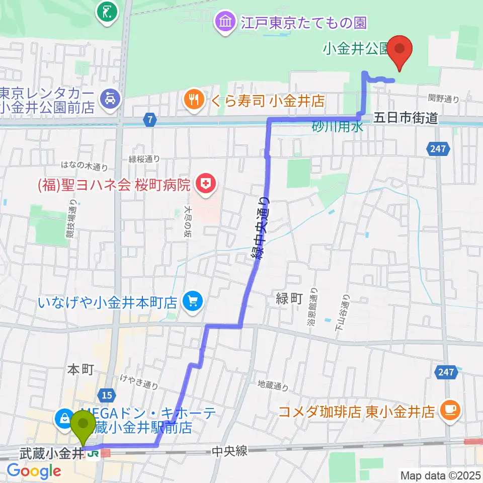 武蔵小金井駅から小金井市総合体育館へのルートマップ地図