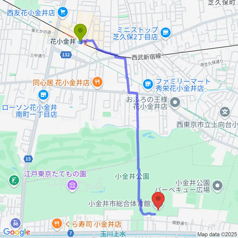 小金井市総合体育館の最寄駅花小金井駅からの徒歩ルート（約24分）地図