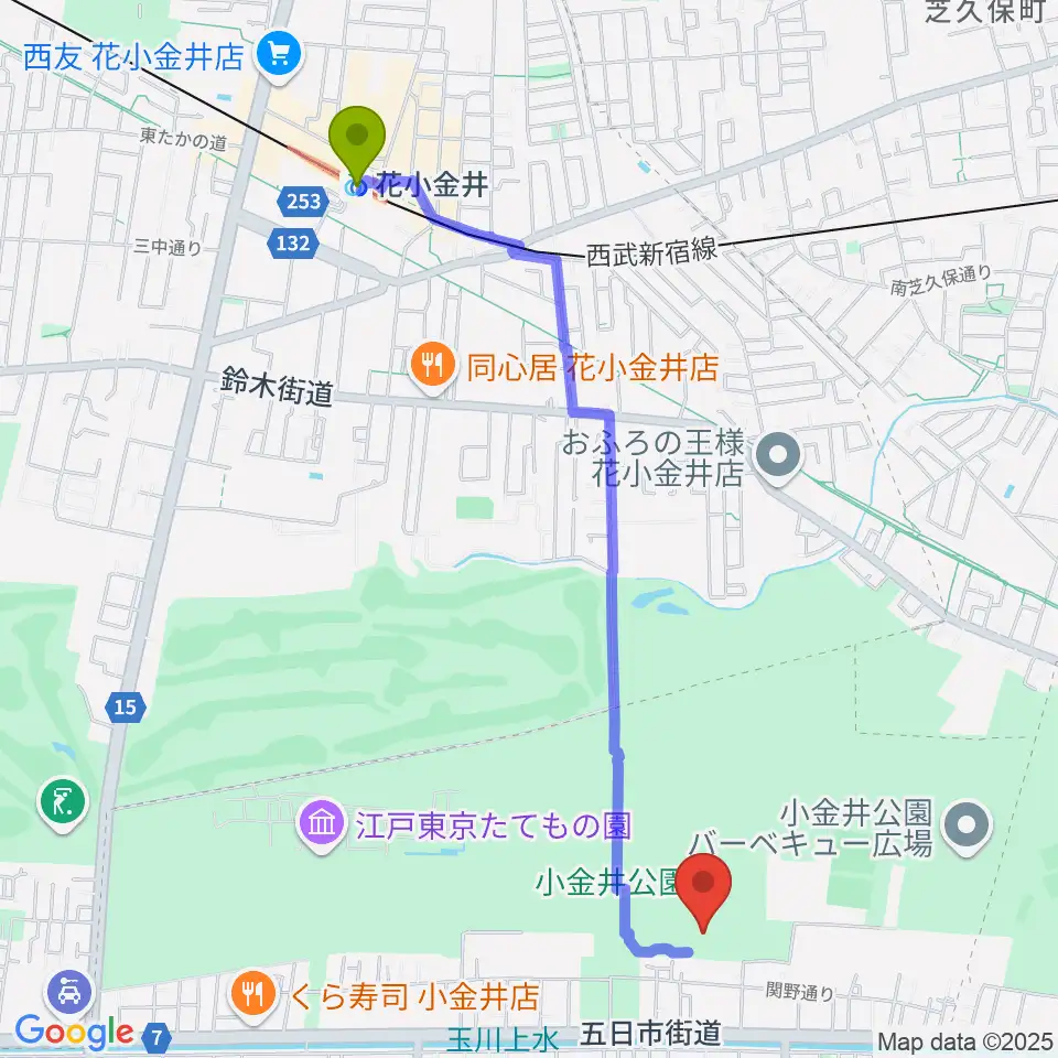 小金井市総合体育館の最寄駅花小金井駅からの徒歩ルート（約24分）地図