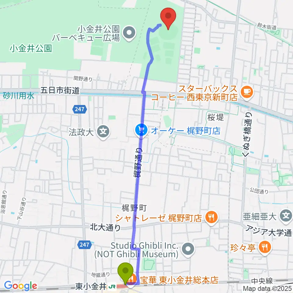 東小金井駅から小金井公園野球場へのルートマップ地図