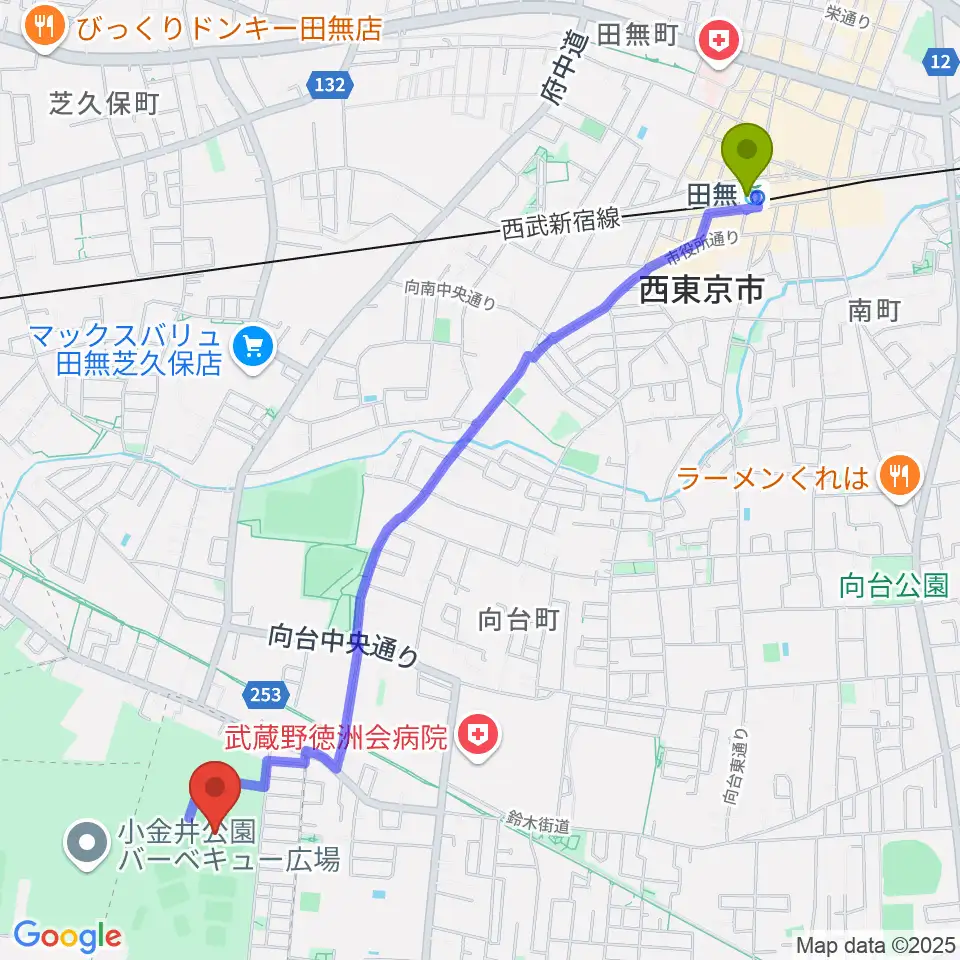小金井公園野球場の最寄駅田無駅からの徒歩ルート（約27分）地図