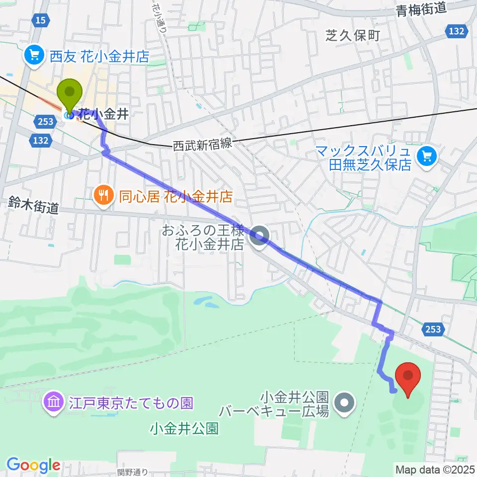花小金井駅から小金井公園野球場へのルートマップ地図