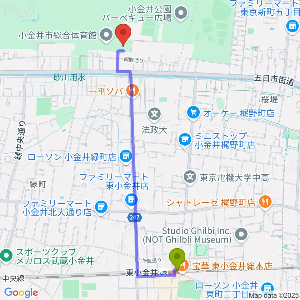 小金井公園弓道場の最寄駅東小金井駅からの徒歩ルート（約24分）地図