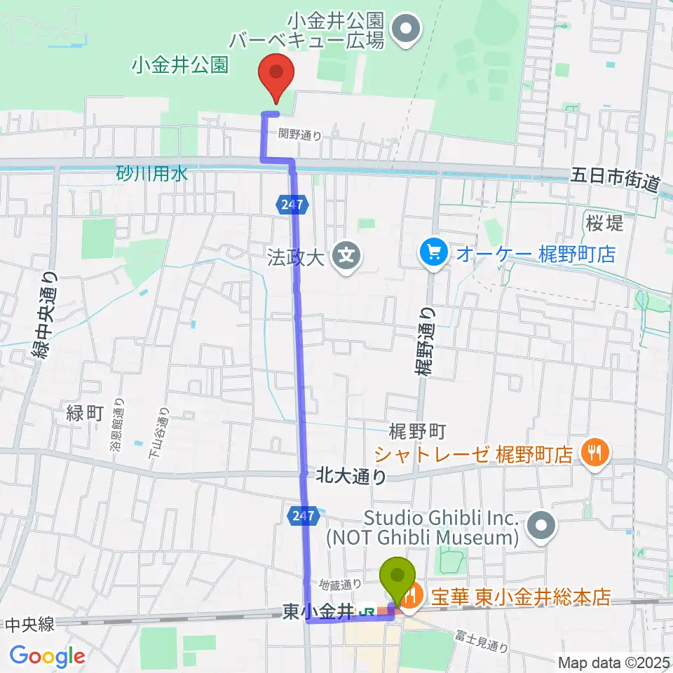 小金井公園弓道場の最寄駅東小金井駅からの徒歩ルート（約24分）地図