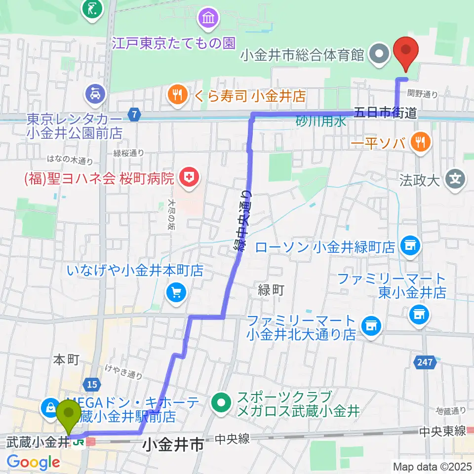 武蔵小金井駅から小金井公園弓道場へのルートマップ地図