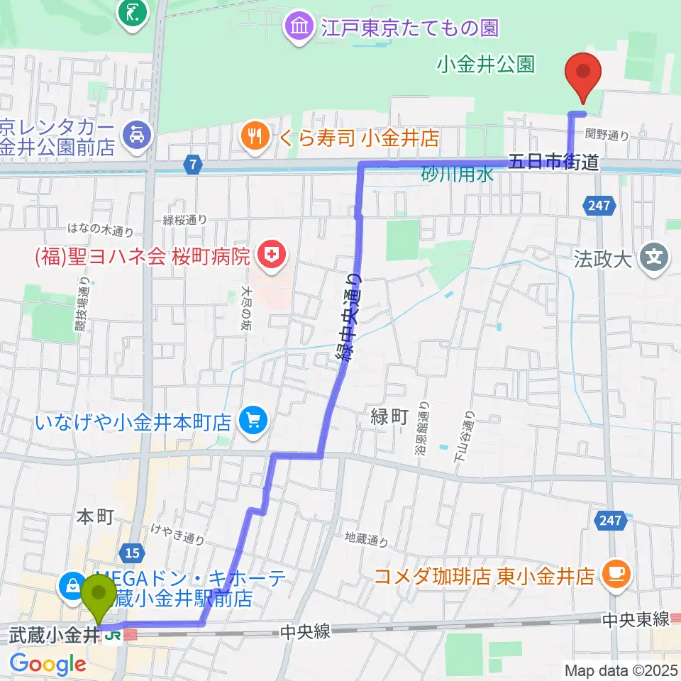 武蔵小金井駅から小金井公園弓道場へのルートマップ地図