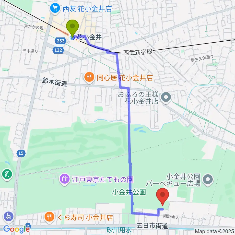 花小金井駅から小金井公園弓道場へのルートマップ地図