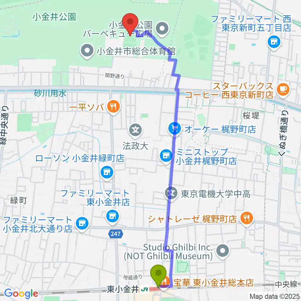 東小金井駅から小金井公園多目的運動広場へのルートマップ地図