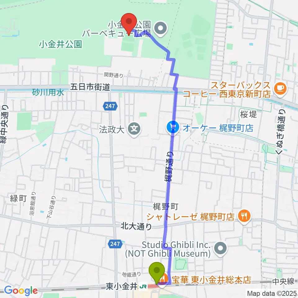 東小金井駅から小金井公園多目的運動広場へのルートマップ地図