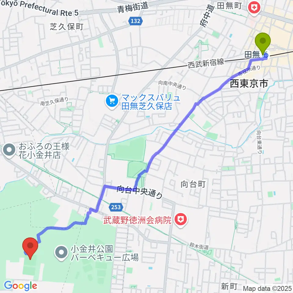 田無駅から小金井公園多目的運動広場へのルートマップ地図