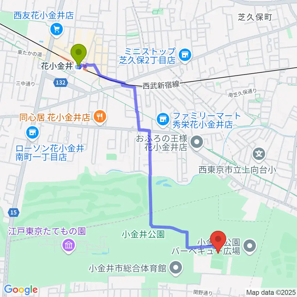 小金井公園多目的運動広場の最寄駅花小金井駅からの徒歩ルート（約24分）地図