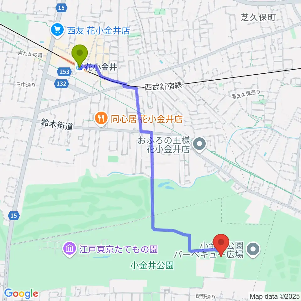 小金井公園多目的運動広場の最寄駅花小金井駅からの徒歩ルート（約24分）地図