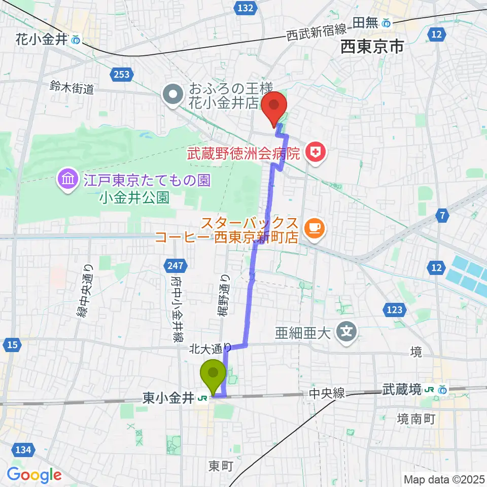 東小金井駅から西東京市総合体育館へのルートマップ地図