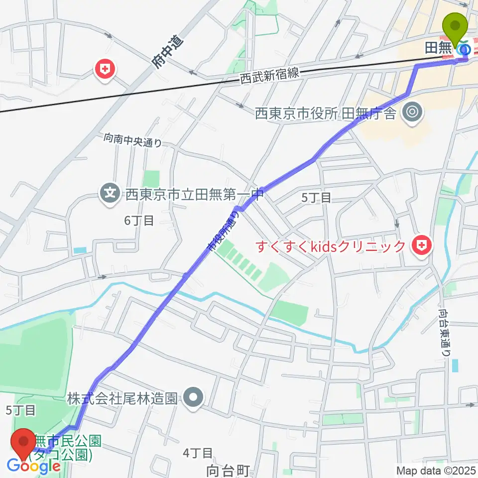 西東京市総合体育館の最寄駅田無駅からの徒歩ルート（約19分）地図