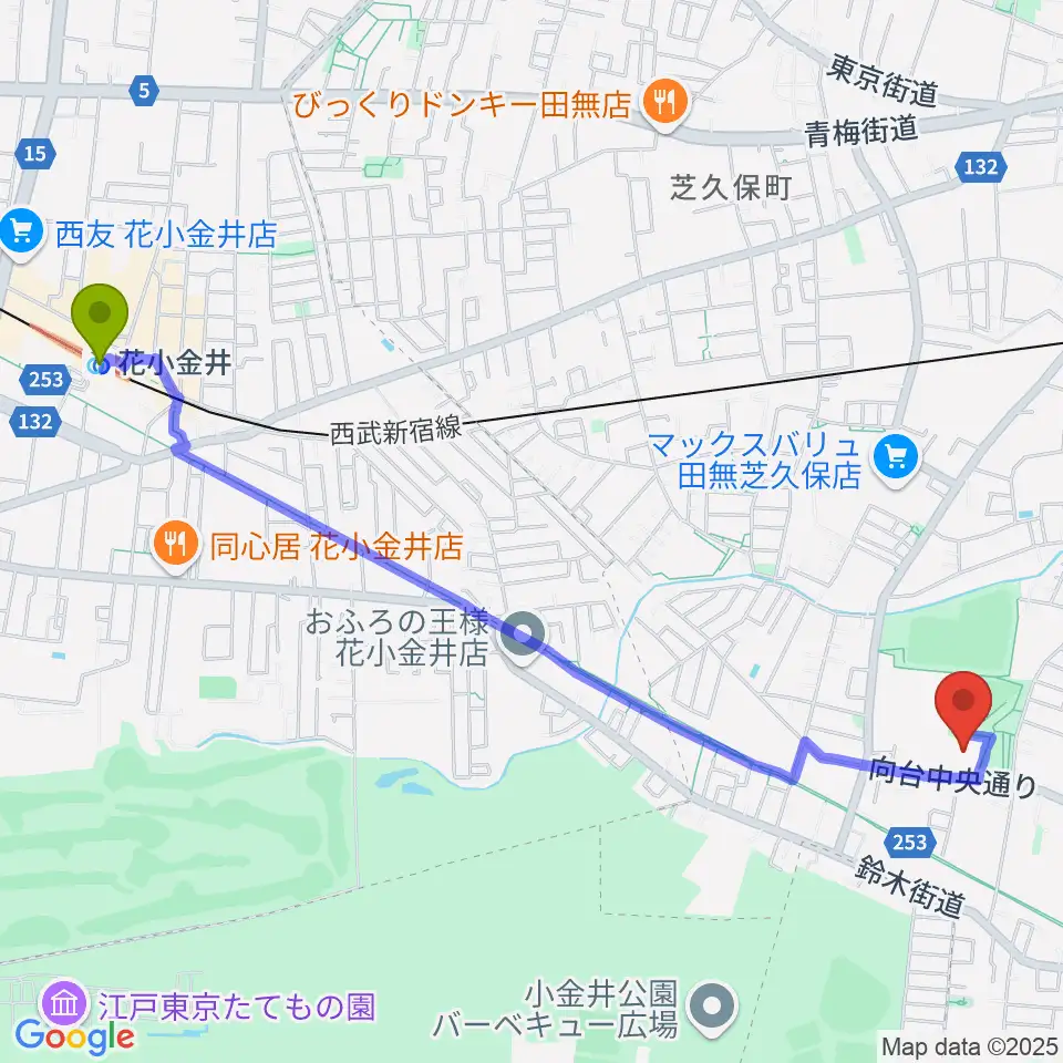 花小金井駅から西東京市総合体育館へのルートマップ地図
