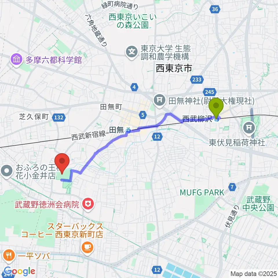 西武柳沢駅から西東京市向台運動場へのルートマップ地図