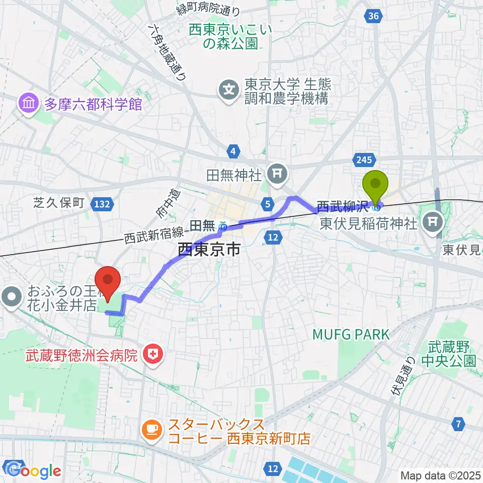 西武柳沢駅から西東京市向台運動場へのルートマップ地図