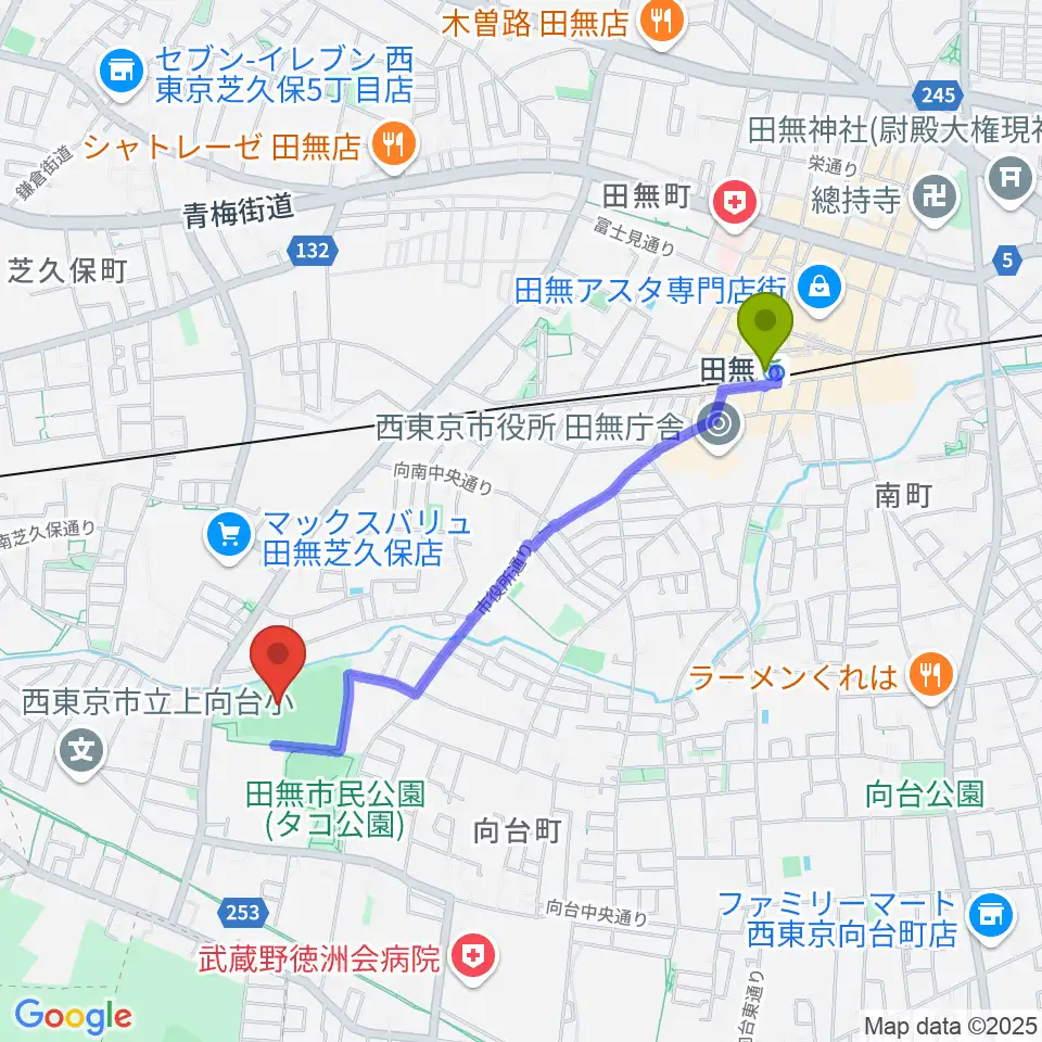 西東京市向台運動場の最寄駅田無駅からの徒歩ルート（約18分）地図