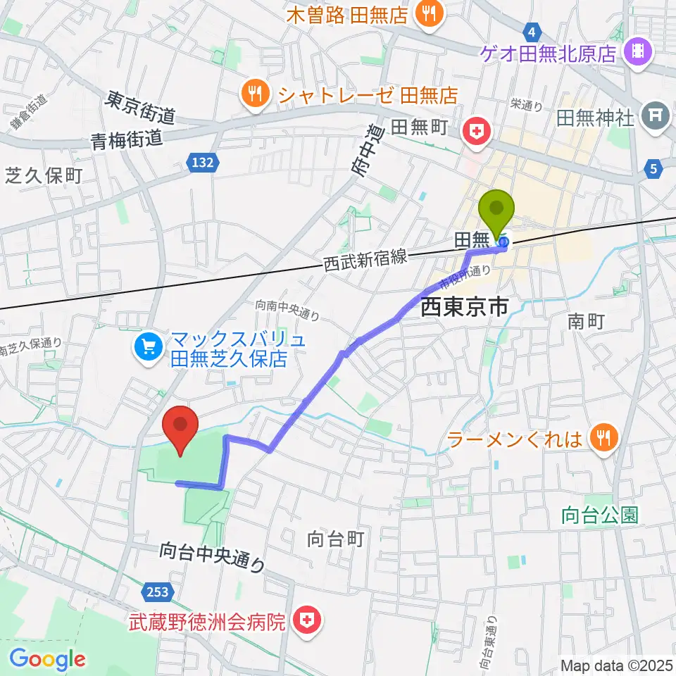 西東京市向台運動場の最寄駅田無駅からの徒歩ルート（約18分）地図
