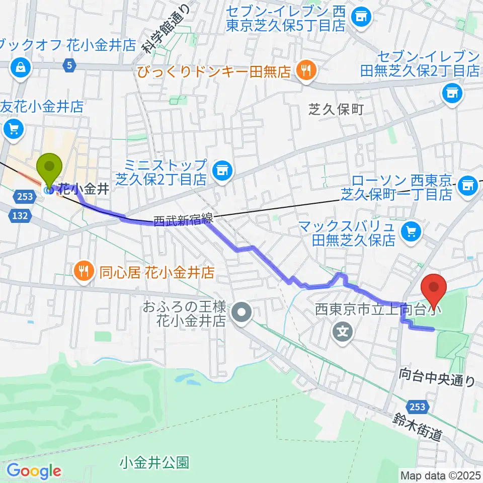 花小金井駅から西東京市向台運動場へのルートマップ地図