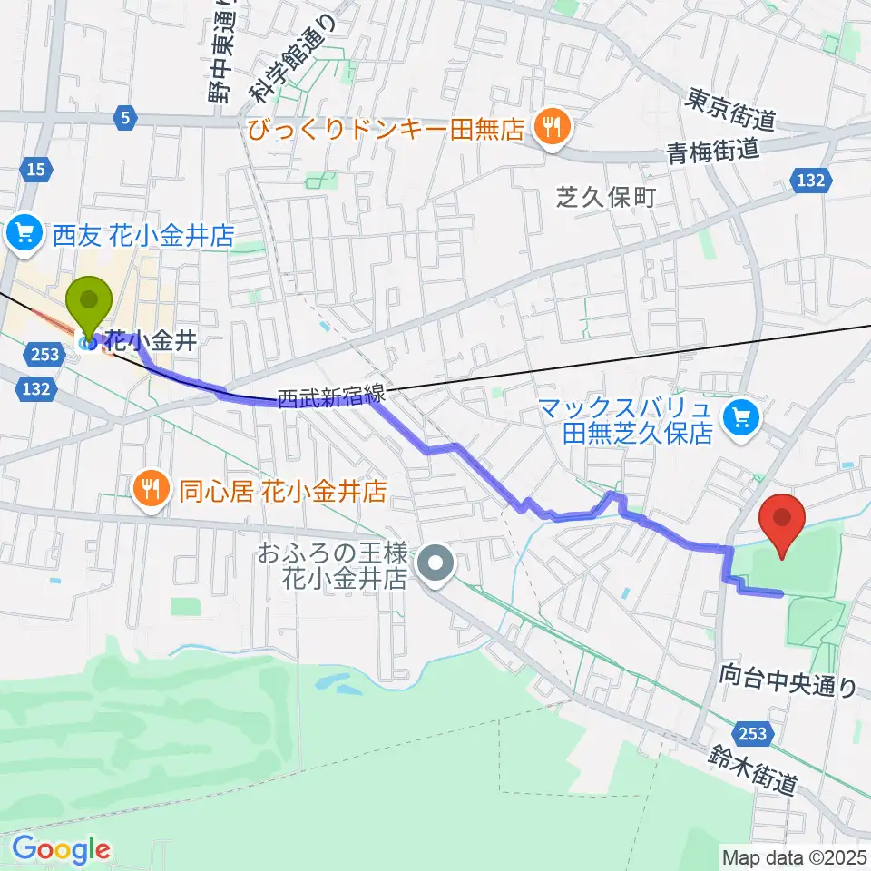 花小金井駅から西東京市向台運動場へのルートマップ地図