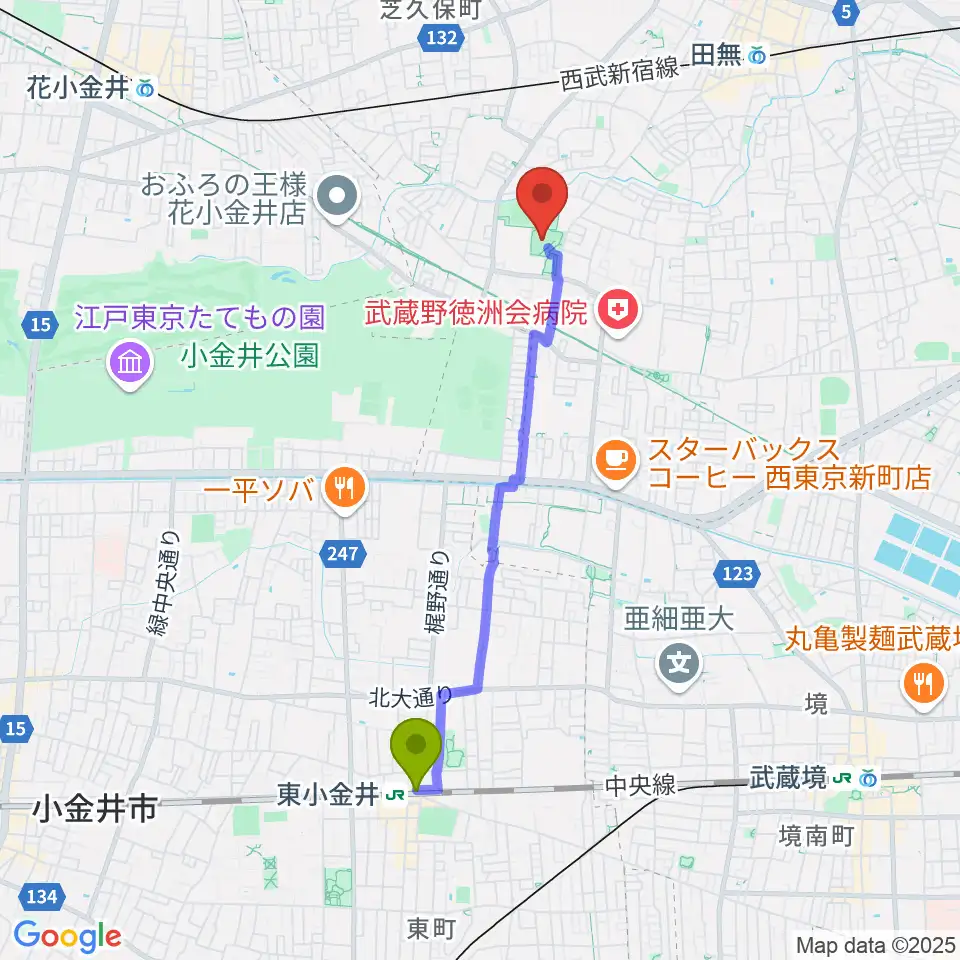 東小金井駅から西東京市市民公園グラウンドへのルートマップ地図