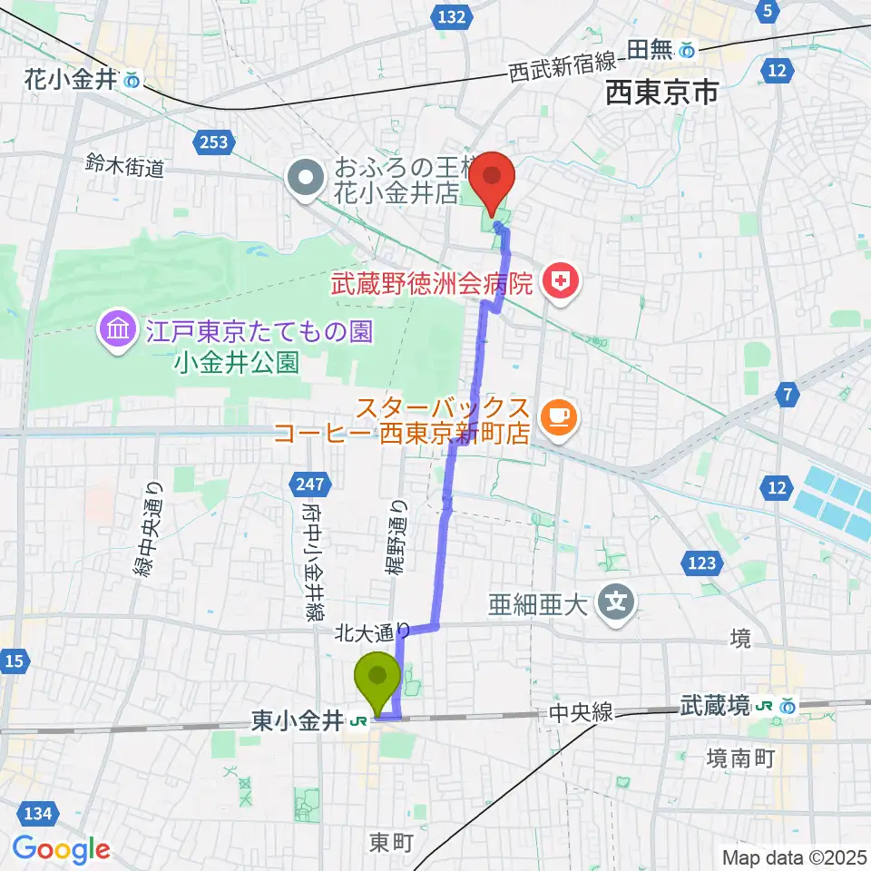 東小金井駅から西東京市市民公園グラウンドへのルートマップ地図
