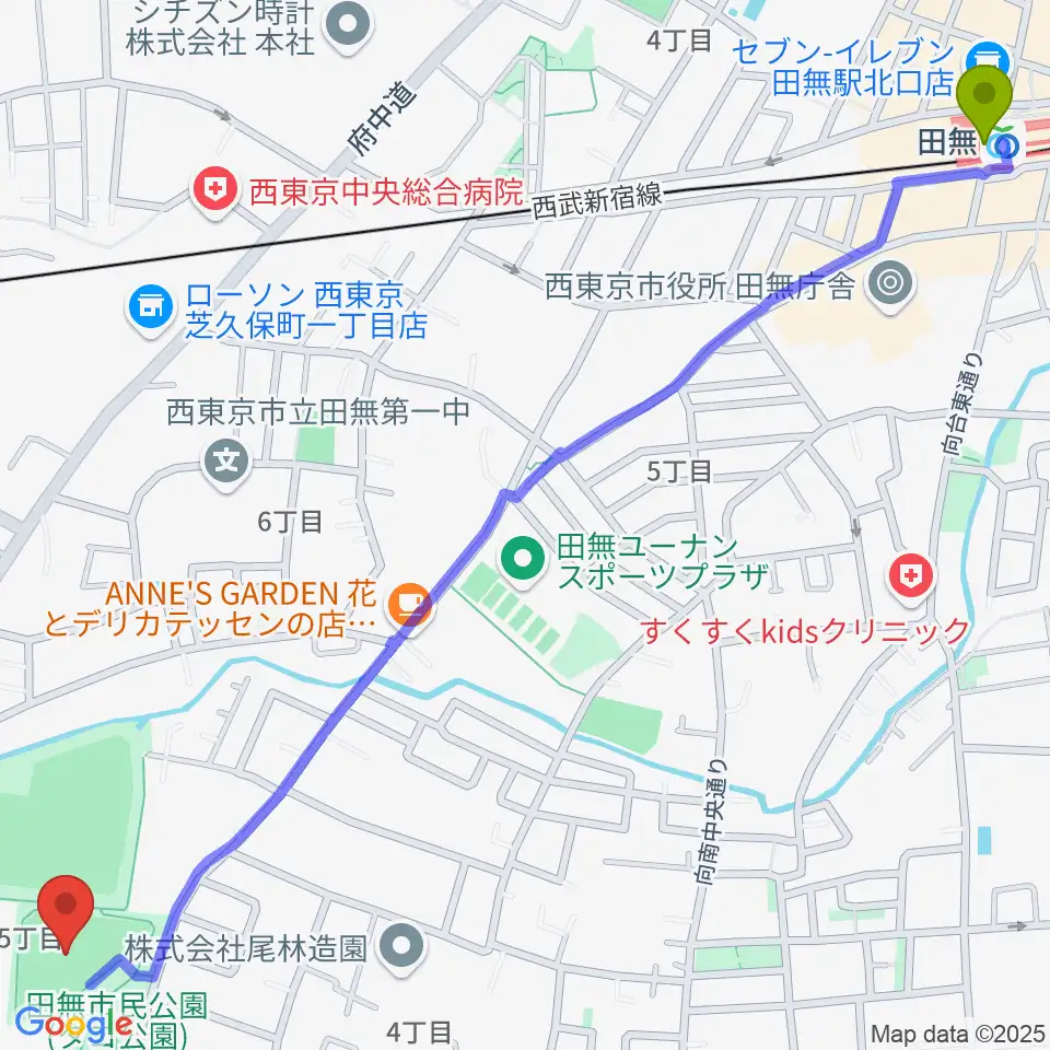 西東京市市民公園グラウンドの最寄駅田無駅からの徒歩ルート（約18分）地図