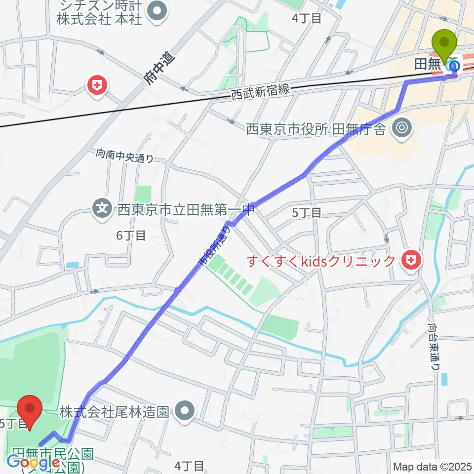 西東京市市民公園グラウンドの最寄駅田無駅からの徒歩ルート（約18分）地図