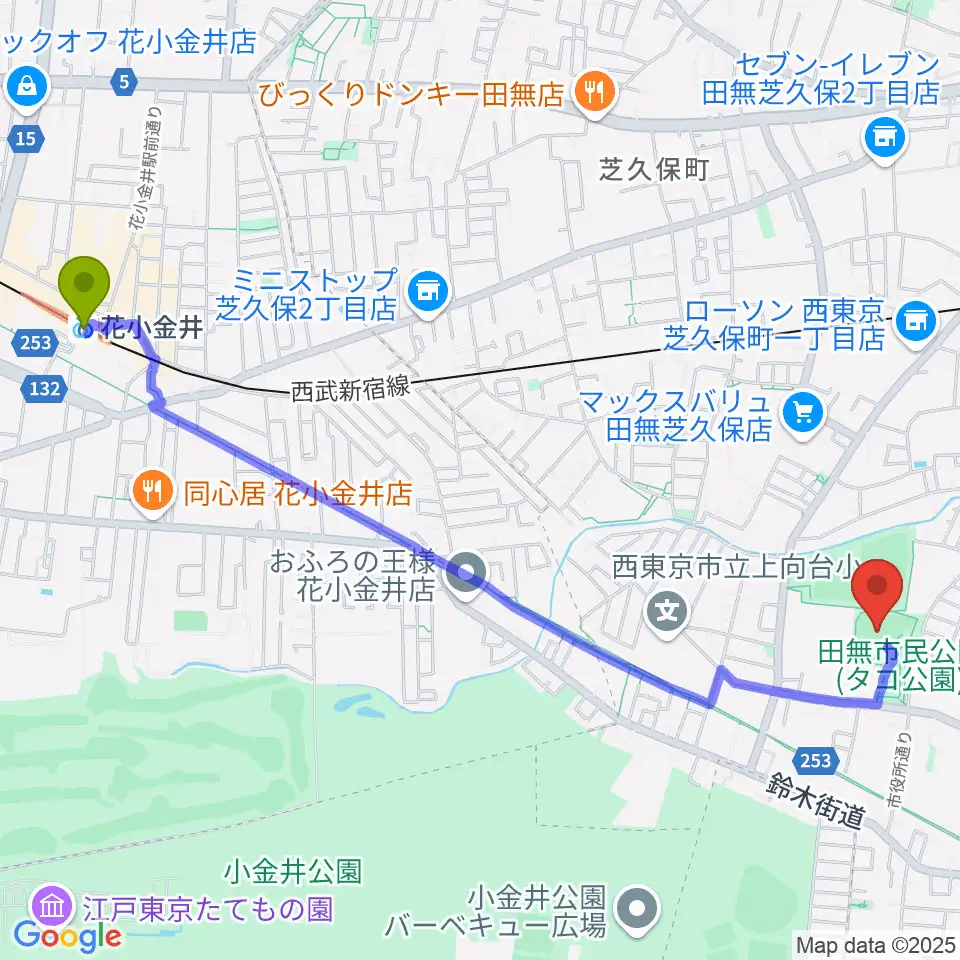 花小金井駅から西東京市市民公園グラウンドへのルートマップ地図