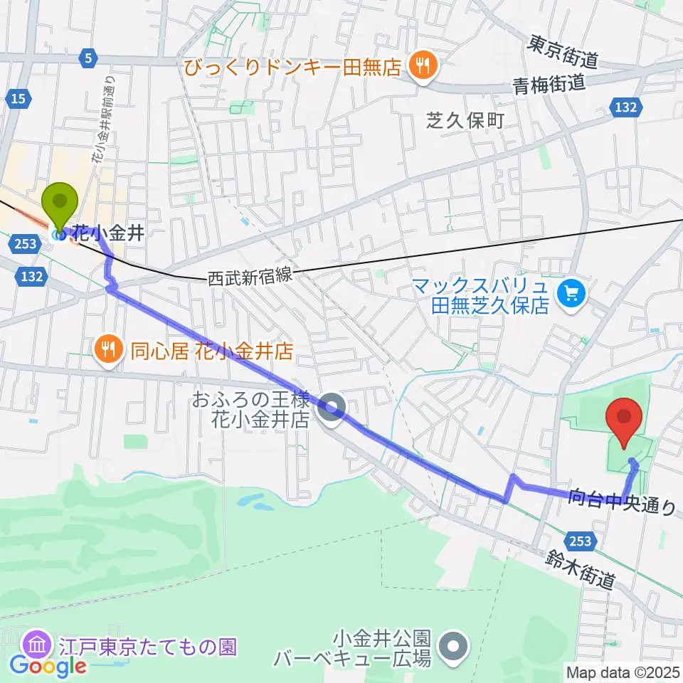 花小金井駅から西東京市市民公園グラウンドへのルートマップ地図