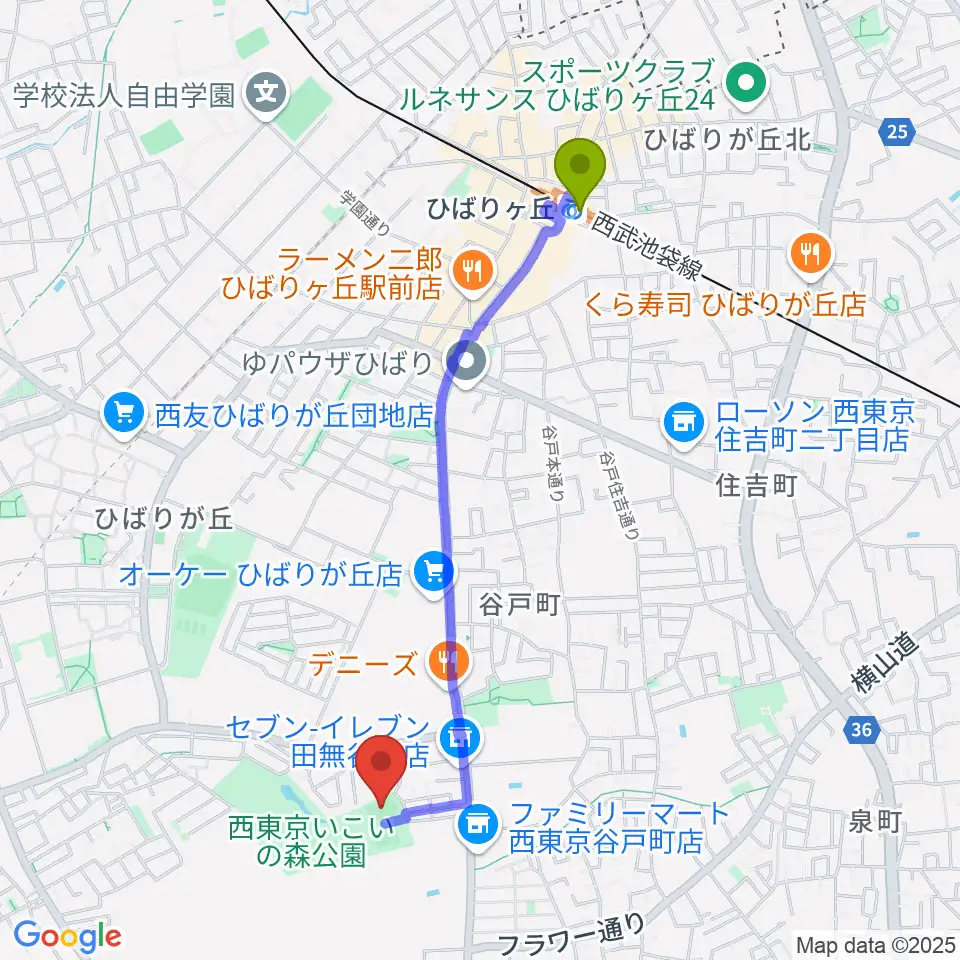 西東京いこいの森公園ボール広場の最寄駅ひばりヶ丘駅からの徒歩ルート（約20分）地図