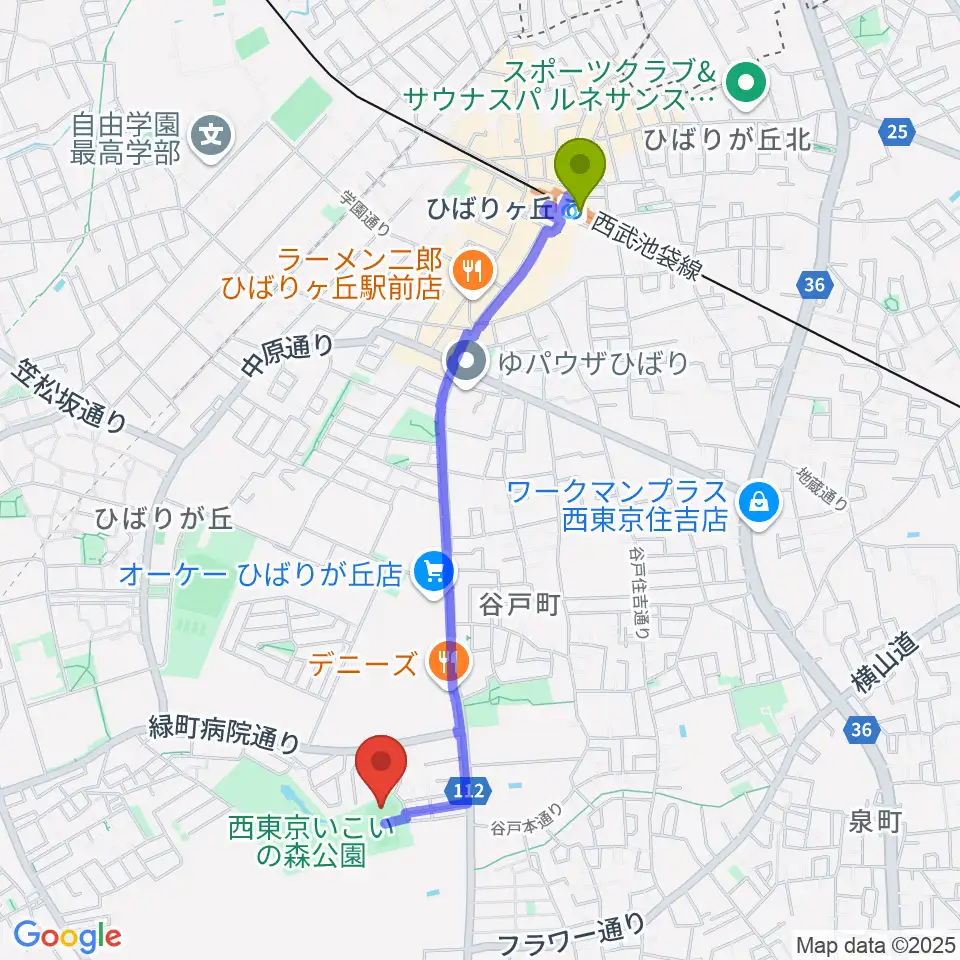 西東京いこいの森公園ボール広場の最寄駅ひばりヶ丘駅からの徒歩ルート（約20分）地図