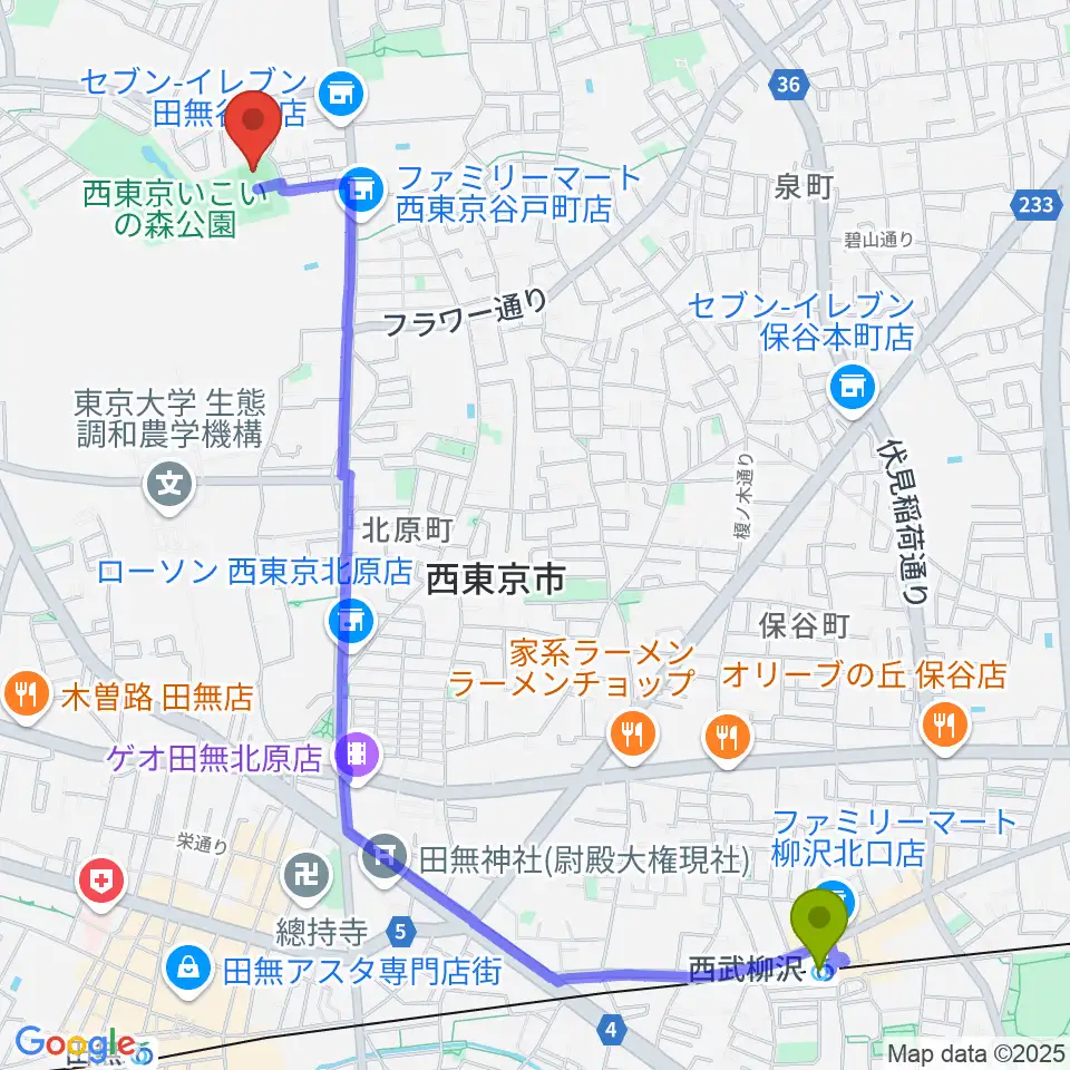 西武柳沢駅から西東京いこいの森公園ボール広場へのルートマップ地図