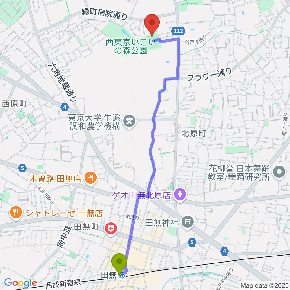 田無駅から西東京いこいの森公園ボール広場へのルートマップ地図