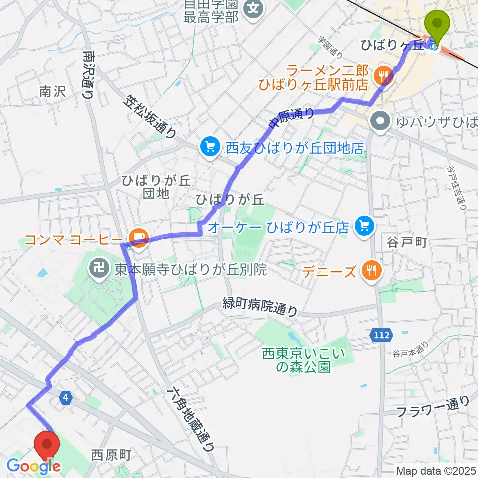 ひばりヶ丘駅から西東京市郷土資料室へのルートマップ地図