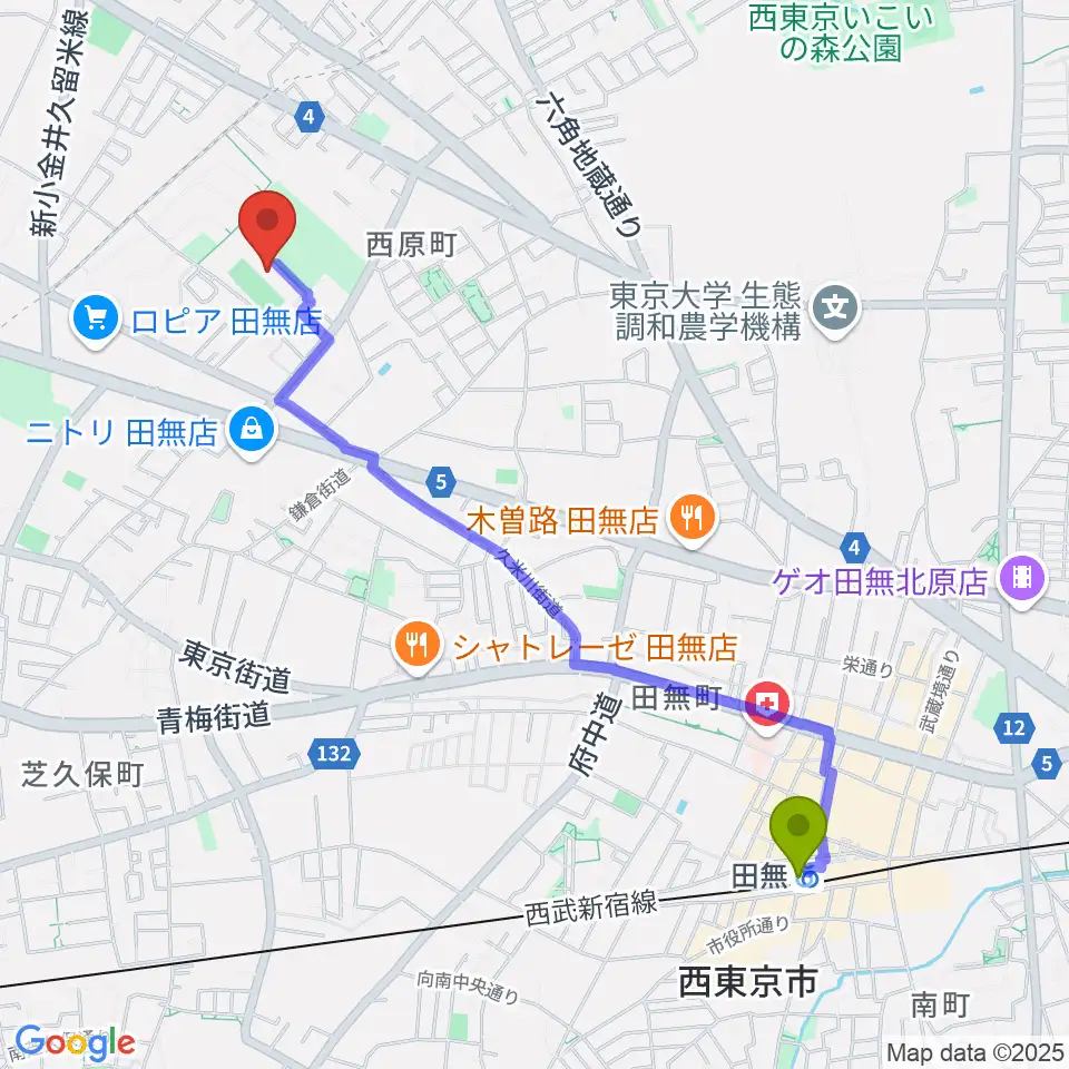西東京市郷土資料室の最寄駅田無駅からの徒歩ルート（約23分）地図