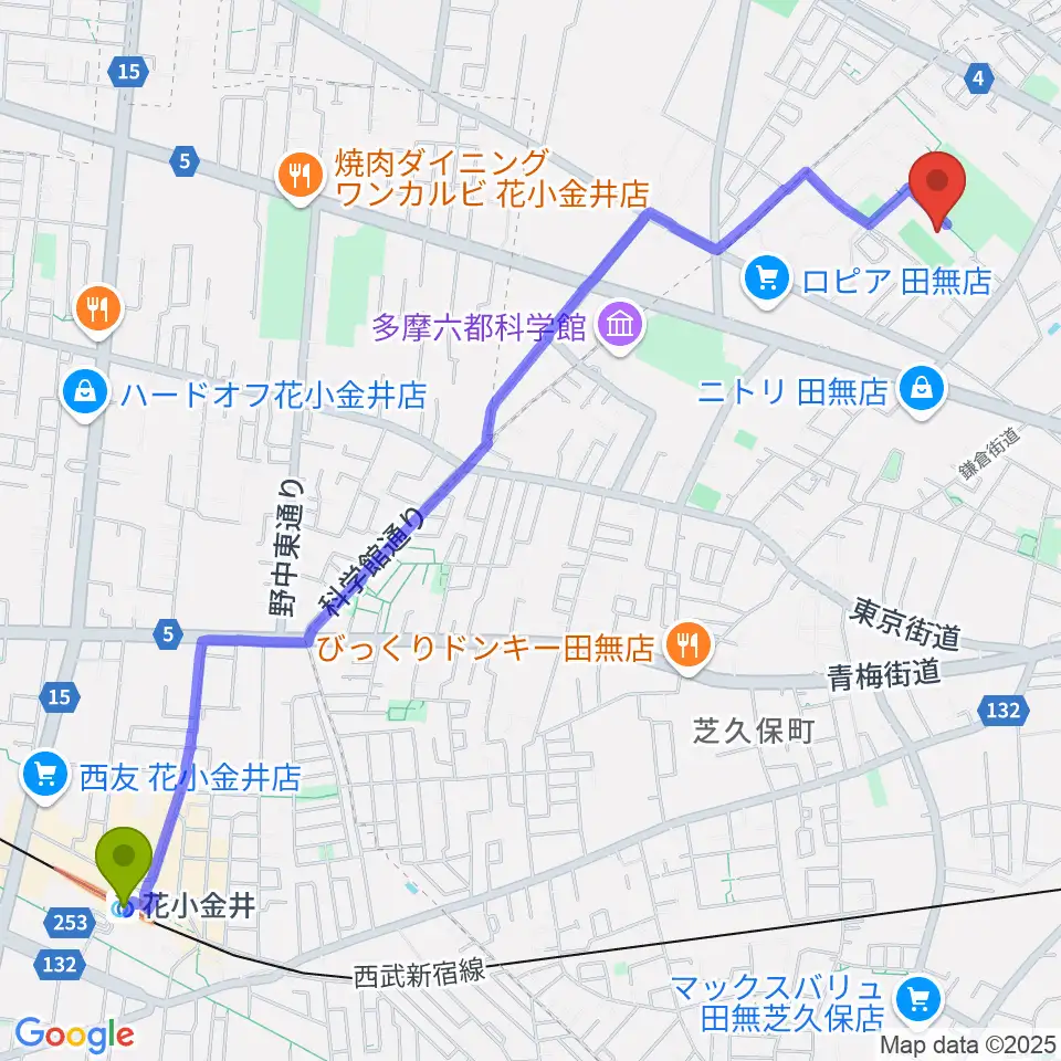 花小金井駅から西東京市郷土資料室へのルートマップ地図