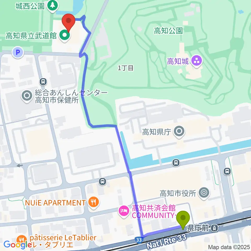 県庁前駅から高知県立武道館へのルートマップ地図