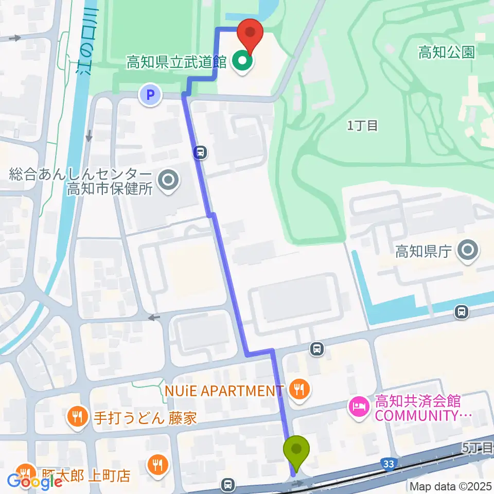 高知県立武道館の最寄駅グランド通駅からの徒歩ルート（約7分）地図