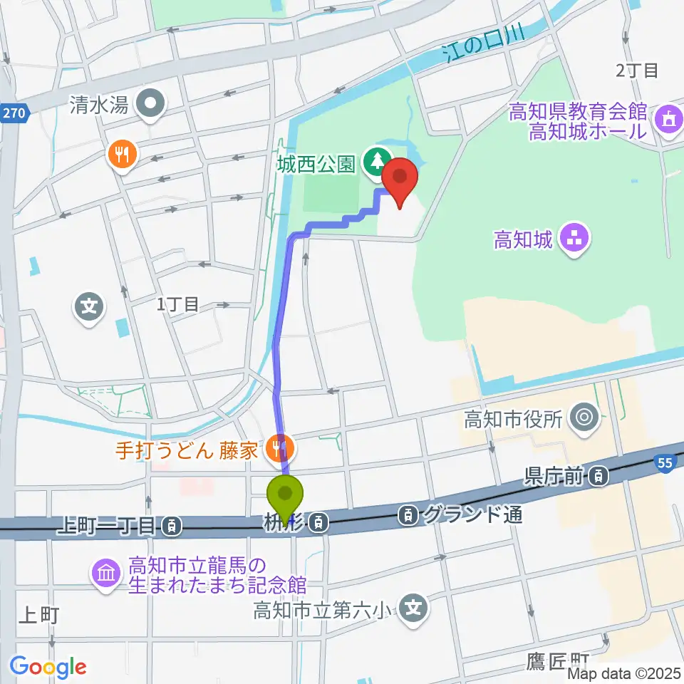 枡形駅から高知県立武道館へのルートマップ地図