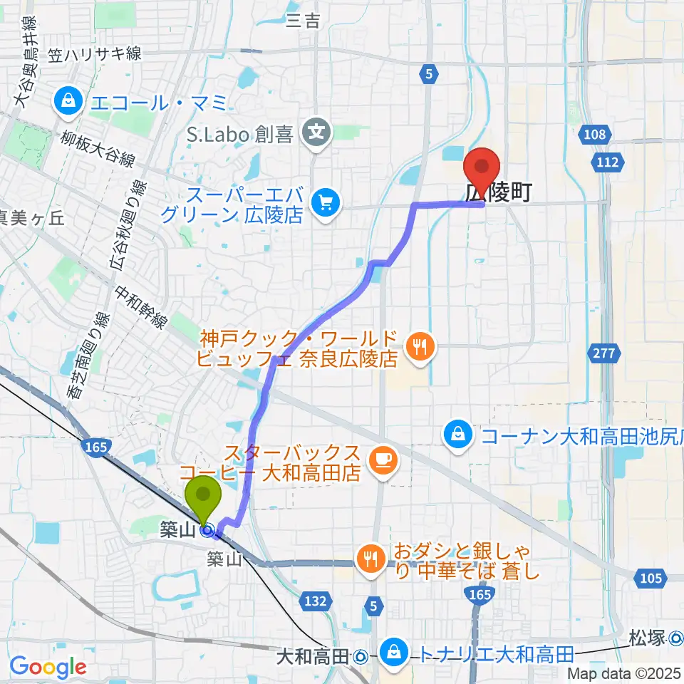 ニュービートスタジオの最寄駅築山駅からの徒歩ルート（約40分）地図