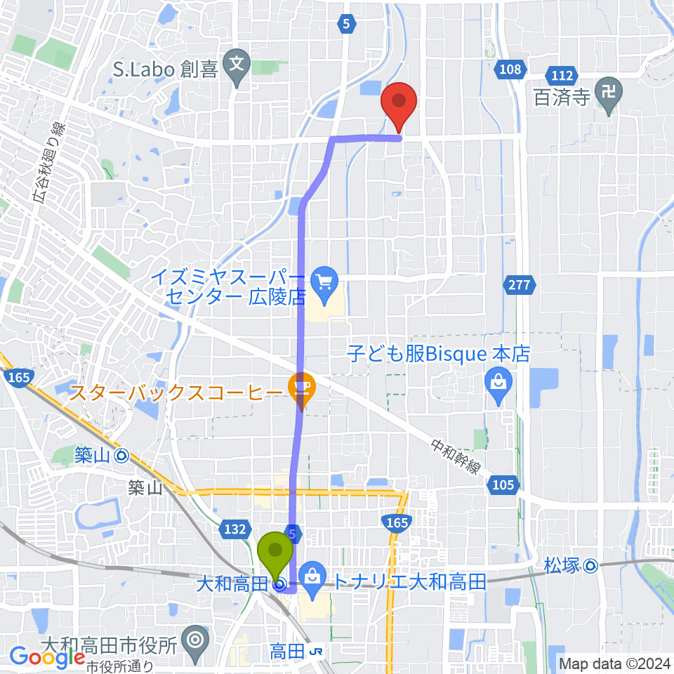 大和高田駅からニュービートスタジオへのルートマップ地図