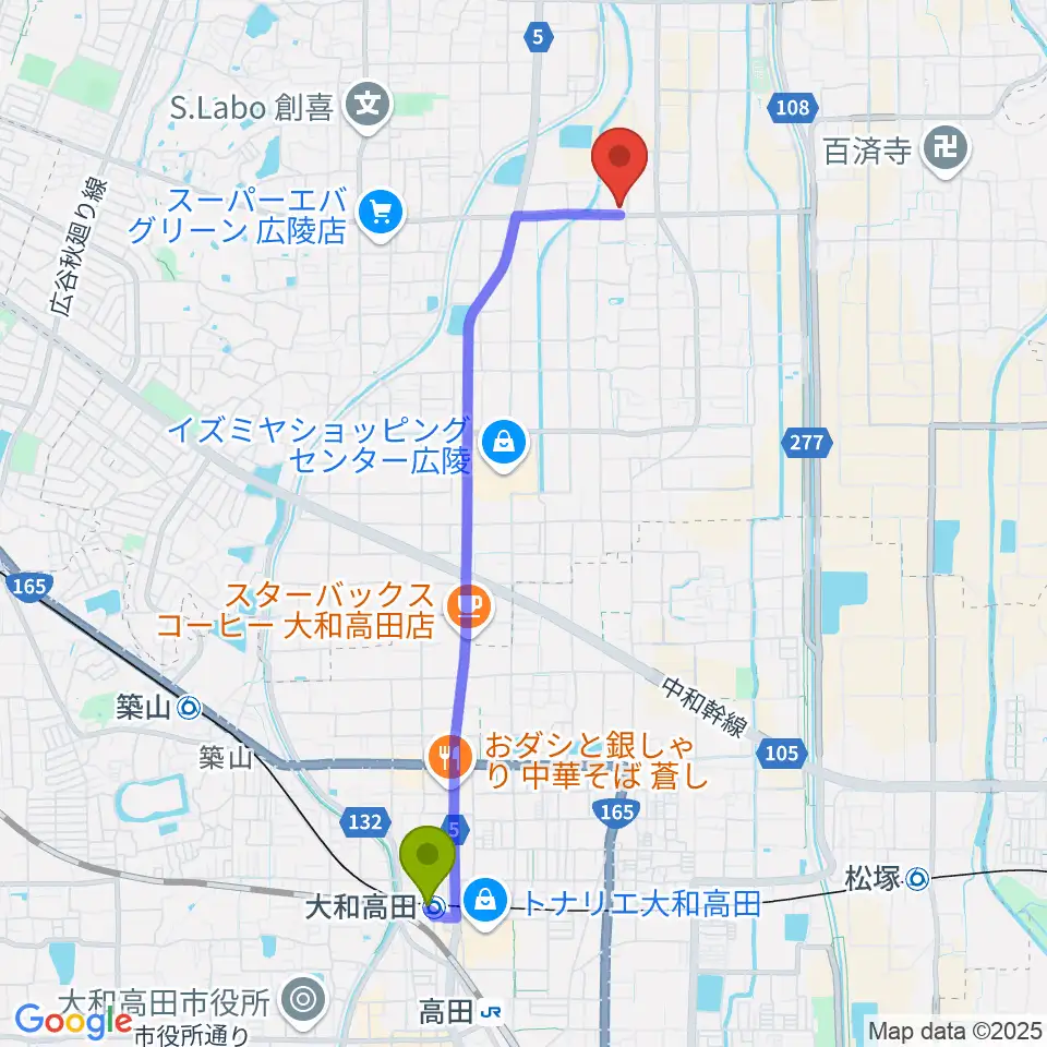 大和高田駅からニュービートスタジオへのルートマップ地図